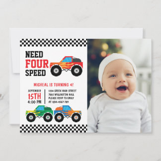Need Four Speed Monster Truck 4. Geburtstag Foto Einladung