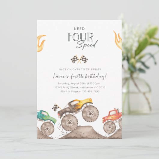 Need Four Speed Monster Truck 4th Birthday Bash Einladung (Stehend Vorderseite)