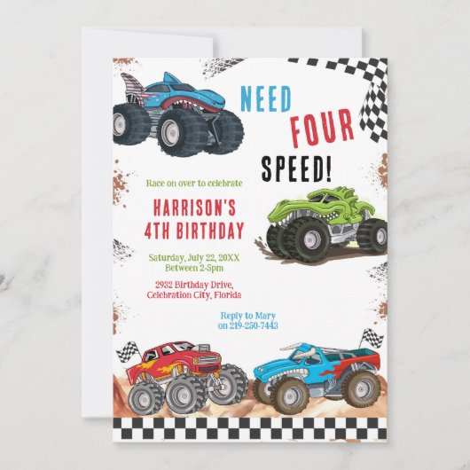 Need Four Speed Monster Truck Boy 4th Birthday Einladung (Vorderseite)