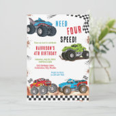 Need Four Speed Monster Truck Boy 4th Birthday Einladung (Stehend Vorderseite)