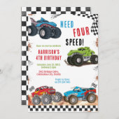 Need Four Speed Monster Truck Boy 4th Birthday Einladung (Vorne/Hinten)