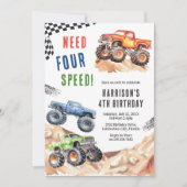 Need Four Speed Monster Truck Boy 4th Birthday Einladung (Vorderseite)