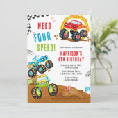 Need Four Speed Monster Truck Boy 4th Birthday Einladung (Stehend Vorderseite)