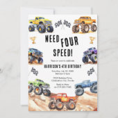Need Four Speed Monster Truck Boy 4th Birthday  Einladung (Vorderseite)