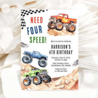 Need Four Speed Monster Truck Boy 4th Birthday Einladung