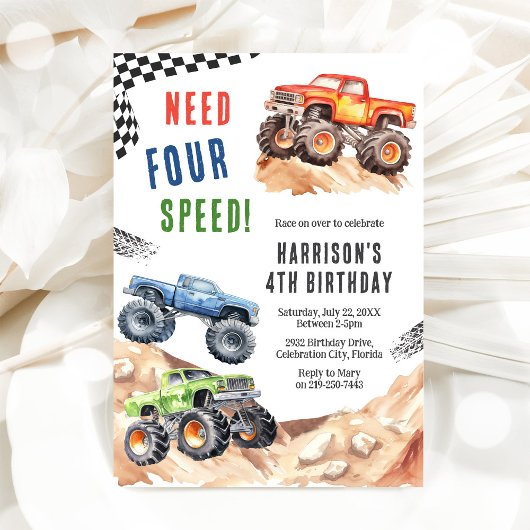 Need Four Speed Monster Truck Boy 4th Birthday Einladung