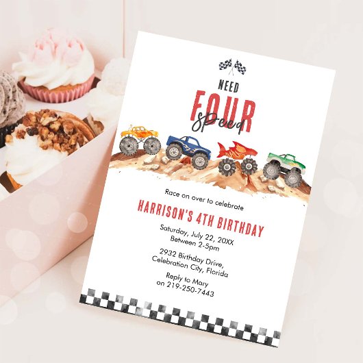 Need Four Speed Monster Truck Boy 4th Birthday Einladung