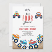 Need Four Speed Monster Truck Boy 4th Birthday Inv Einladung (Vorderseite)
