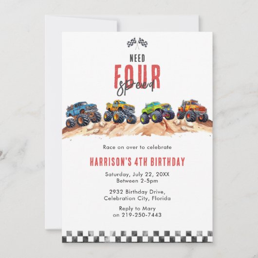 Need Four Speed Monster Truck Boy 4th Birthday Inv Einladung (Vorderseite)