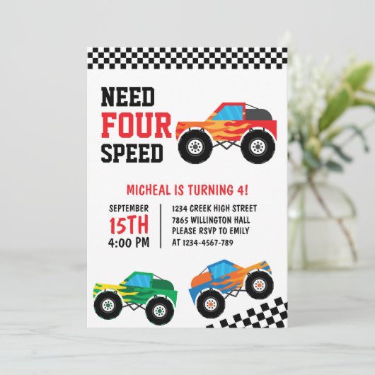 Need Four Speed Monster Truck Race Car 4. Einladung (Stehend Vorderseite)