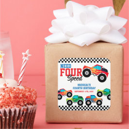Need Four Speed Monster Truck Vierten Geburtstag Quadratischer Aufkleber