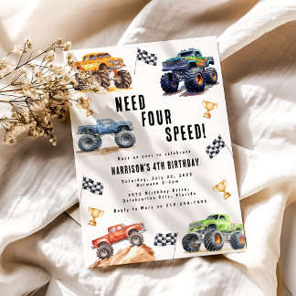 Need Four Speed Monster Trucks 4. Geburtstags-Part Einladung