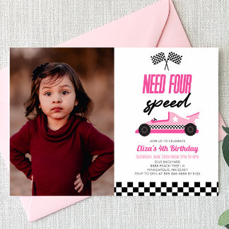Need Four Speed Pink Race Car 4. Geburtstag Party Einladung