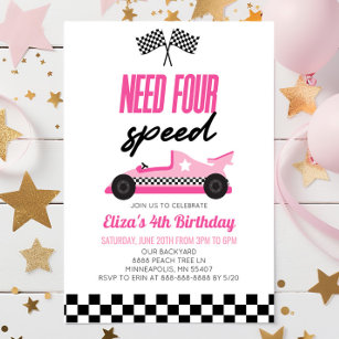 Need Four Speed Pink Race Car 4. Geburtstag Party Einladung