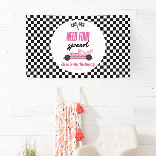 Need Four Speed Pink Race Car 4th Birthday Party Banner (Insitu)