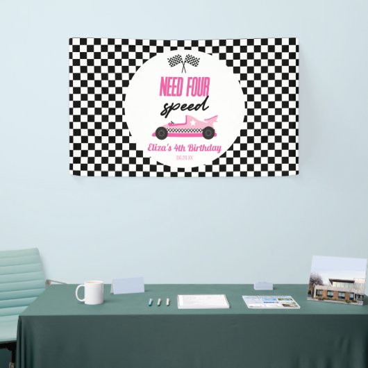 Need Four Speed Pink Race Car 4th Birthday Party Banner (Messeveranstaltung)