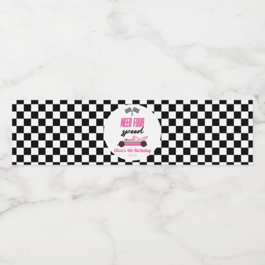 Need Four Speed Pink Race Car 4th Birthday Party Wasserflaschenetikett (Einzelnes Label)