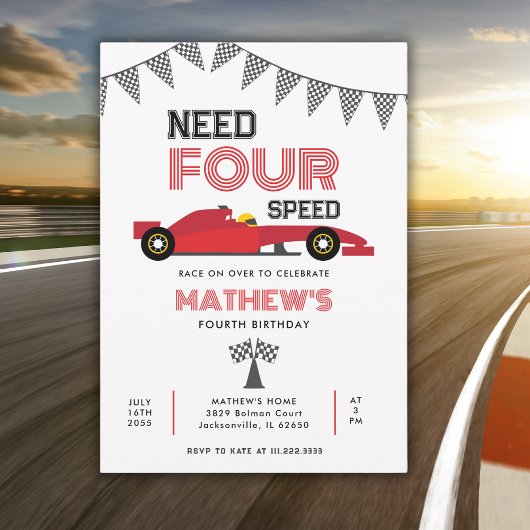 Need Four Speed Race Car 4. Geburtstag Party Einladung