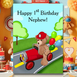 Neffe 1. Geburtstag Teddybär Feuerwehrwagen Karte