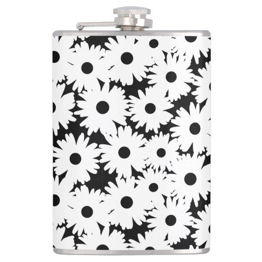 Negative Space Daisies weiß auf schwarz Flachmann (Vorderseite)
