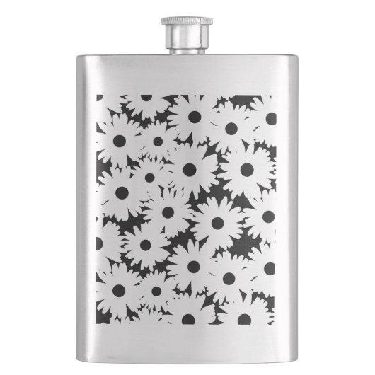 Negative Space Daisies weiß auf schwarz Flachmann (Vorderseite)