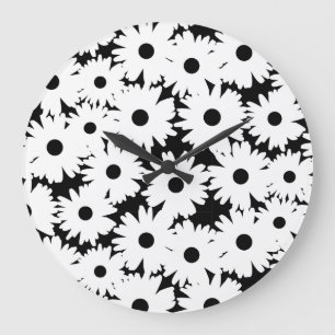 Negative Space Daisies weiß auf schwarz Große Wanduhr