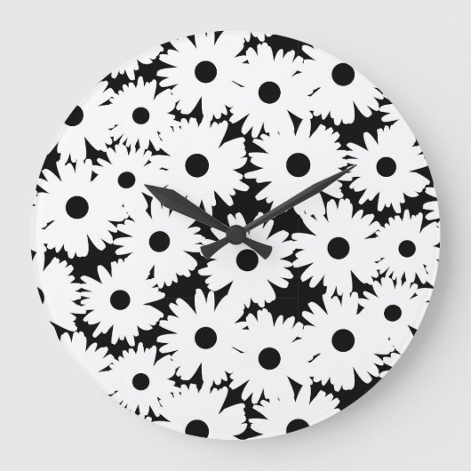 Negative Space Daisies weiß auf schwarz Große Wanduhr (Vorderseite)