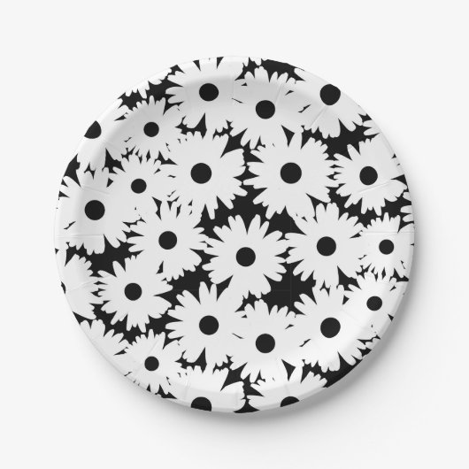 Negative Space Daisies weiß auf schwarz Pappteller (Vorderseite)