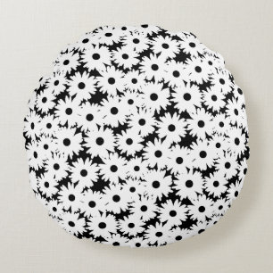 Negative Space Daisies weiß auf schwarz Rundes Kissen