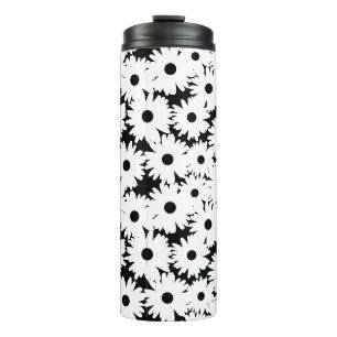Negative Space Daisies weiß auf schwarz Thermosbecher