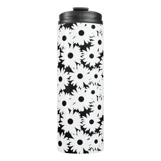 Negative Space Daisies weiß auf schwarz Thermosbecher (Vorderseite)
