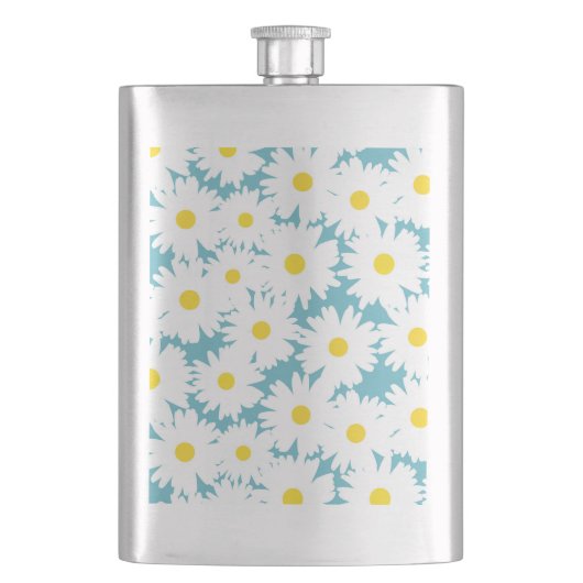 Negative Space Daisies weiß gelb auf blau Flachmann (Vorderseite)
