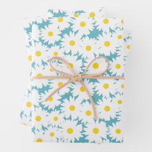 Negative Space Daisies weiß gelb auf blau Geschenkpapier Set