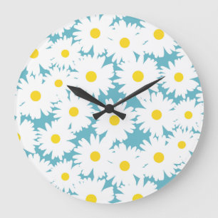Negative Space Daisies weiß gelb auf blau Große Wanduhr