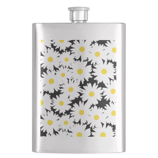 Negative Space Daisies weiß gelb auf schwarz Flachmann (Vorderseite)