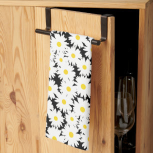 Negative Space Daisies weiß gelb auf schwarz Geschirrtuch