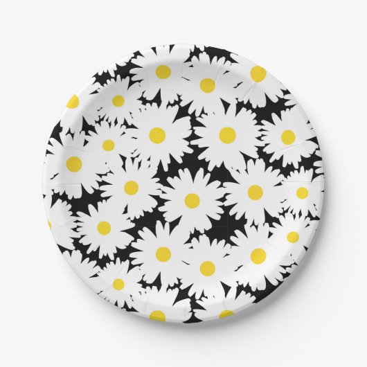 Negative Space Daisies weiß gelb auf schwarz Pappteller (Vorderseite)