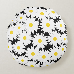 Negative Space Daisies weiß gelb auf schwarz Rundes Kissen