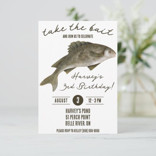 Nehmen Sie die Köder, Fishing Themed Birthday Part Einladung (Stehend Vorderseite)