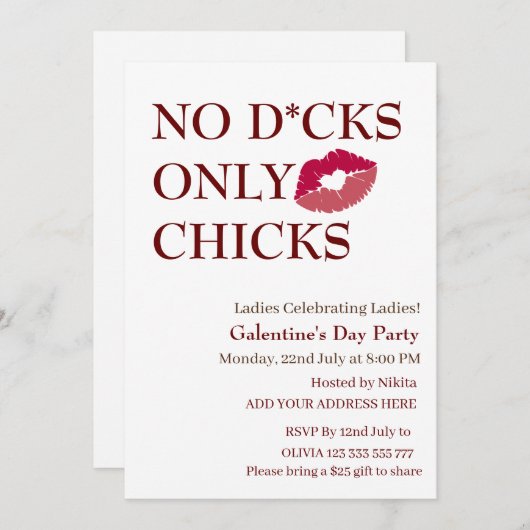 Nein D*cks only Chicks Galentine's Day Ladys Night Einladung (Vorne/Hinten)