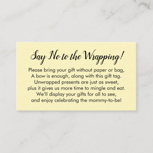 Nein zum Wrapping Baby Shooter Butter Yellow Gift Begleitkarte (Vorderseite)