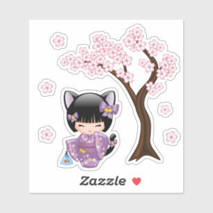 Neko Kokeshi Doll - Cat Ears Geisha Girl Aufkleber