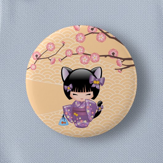 Neko Kokeshi Doll - Cat Ears Geisha Girl Button