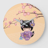 Neko Kokeshi Doll - Cat Ears Geisha Girl Große Wanduhr (Vorderseite)