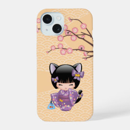 Neko Kokeshi Doll - Cat Ears Geisha Girl iPhone 15 Hülle