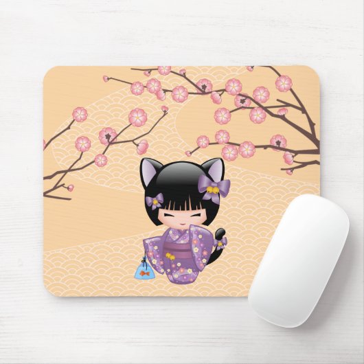 Neko Kokeshi Doll - Cat Ears Geisha Girl Mousepad (Mit Mouse)