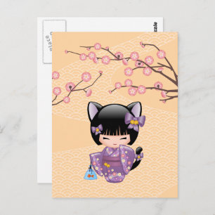 Neko Kokeshi Doll - Cat Ears Geisha Girl Postkarte