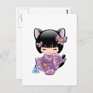 Neko Kokeshi Doll - Cat Ears Geisha Girl Postkarte