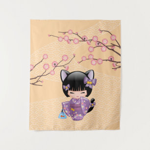 Neko Kokeshi Doll - Cat Ears Geisha Girl Wandteppich