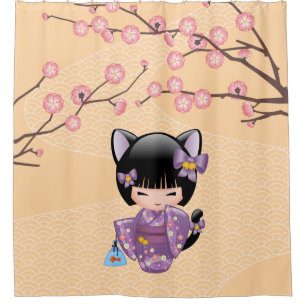 Neko Kokeshi Doll Cat Ears Geisha Girl Yellow Duschvorhang